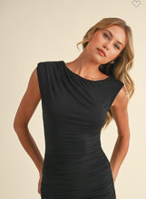 Load image into Gallery viewer, Asymmetric Off Shoulder Ruched Midi Dress