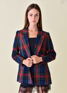 Red & Navy Tweed Plaid Blazer