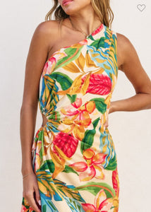 Super Bloom One Shoulder Ruched Mini Dress