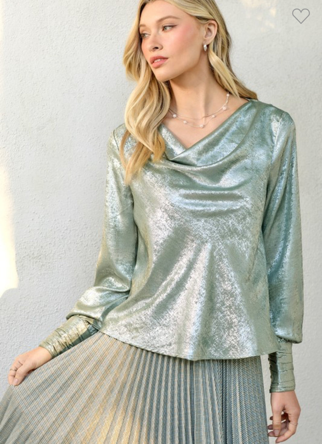 Sage Metallic Cowl Neck Blouse