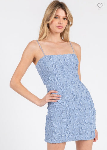 Blue Textured Open Back Mini Dress