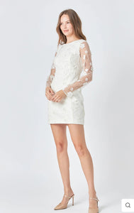 Cream Beaded Overlay Floral Mini Dress