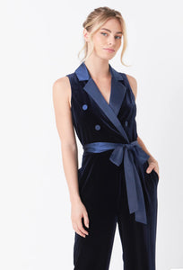 Navy Sleeveless Velvet Jumpsuit