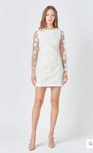 Cream Beaded Overlay Floral Mini Dress