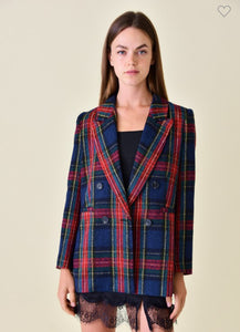 Red & Navy Tweed Plaid Blazer