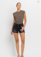 Load image into Gallery viewer, Black High Rise Raw Hem Denim Shorts