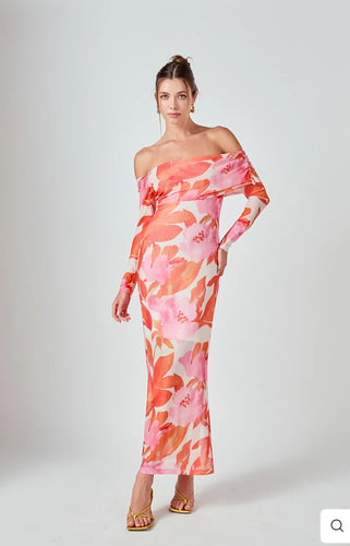 Floral Mesh Off Shoulder Maxi Dress