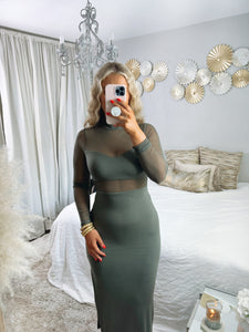 Olive Mesh Midi Dress