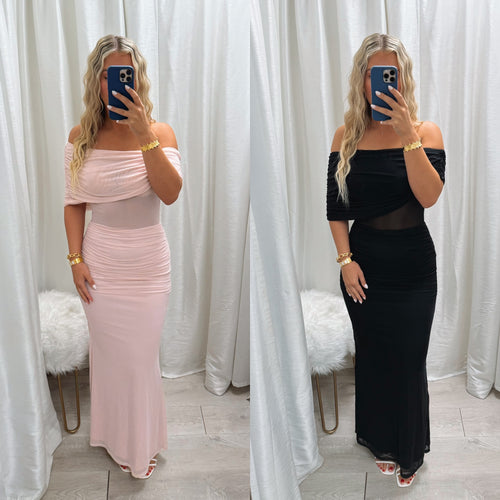 Off Shoulder Mesh Maxi Dress