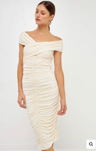 Cream Ruched Bodycon Midi Dress