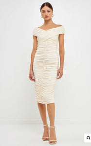 Cream Ruched Bodycon Midi Dress