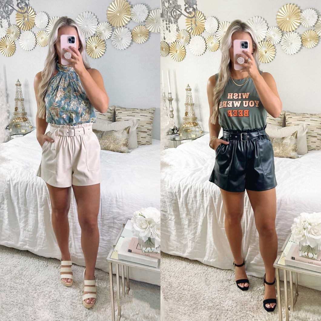 Faux Leather Belted Shorts