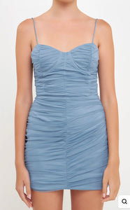 Blue Ruched Tulle Dress