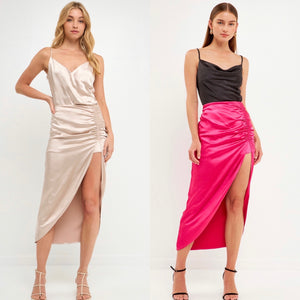 Side Ruched Slit Midi Skirt