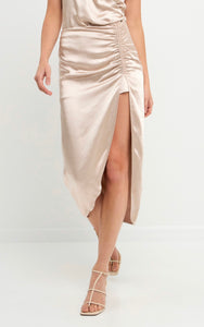 Side Ruched Slit Midi Skirt